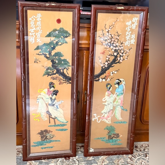 Mid Century Japanese Lacquered Carved Soapstone Wall Hanging Panels 40